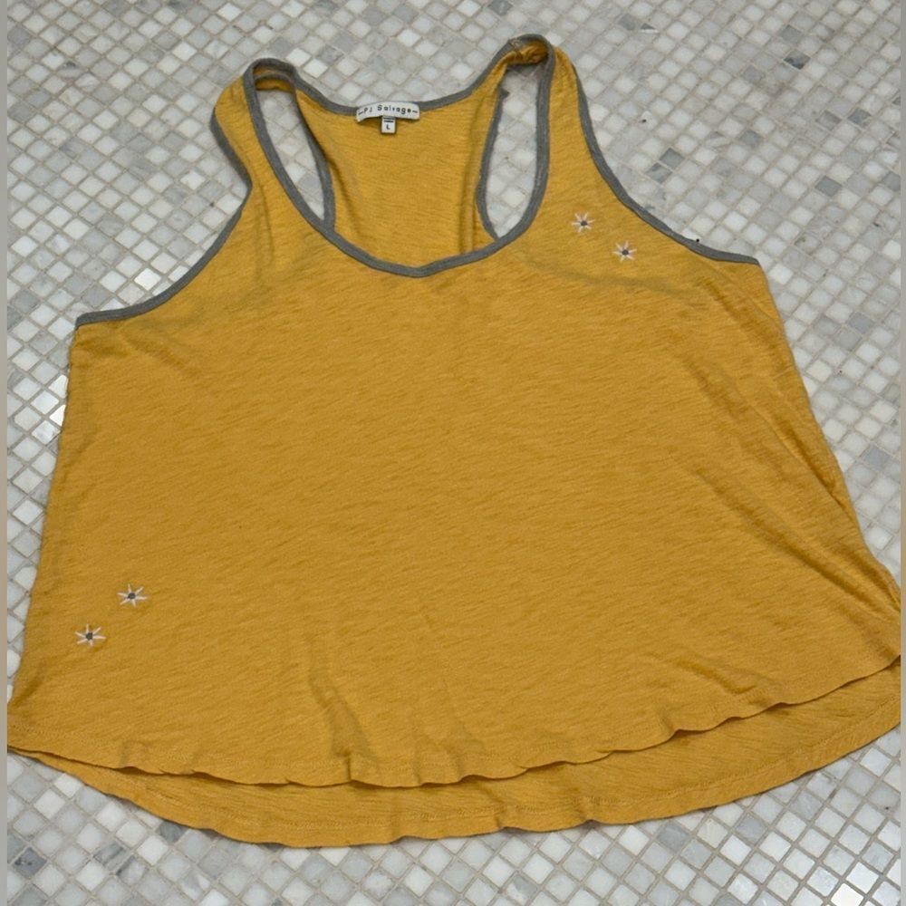 PJ Salvage Yellow Racerback Tank Top with Embroidered Daisies